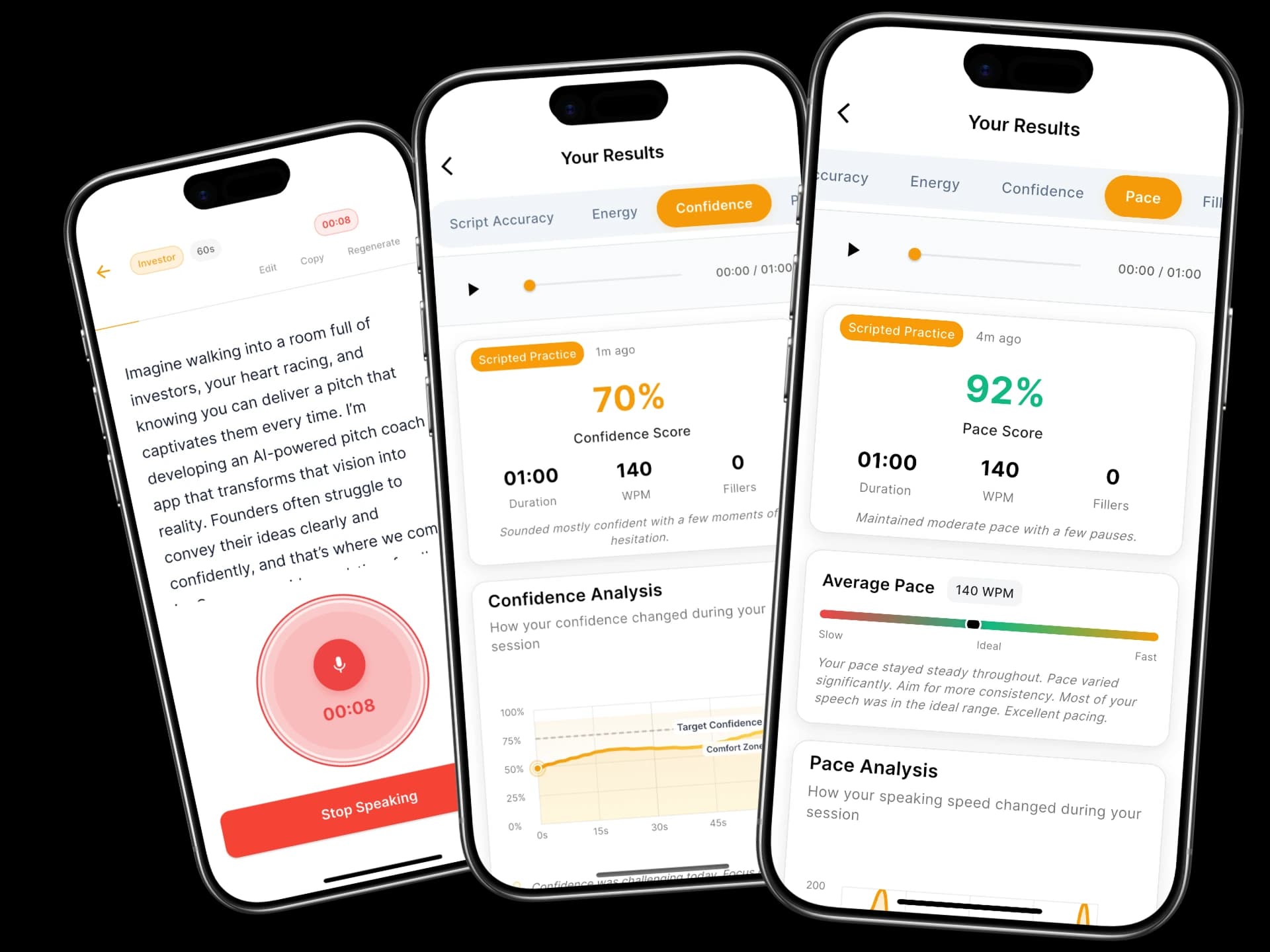 PitchBuddy phone screens showing practice, insights, and progress