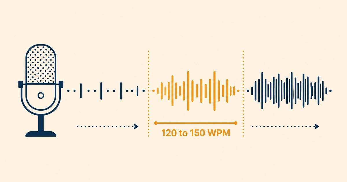 Microphone and speech waveforms showing a comfortable speaking pace of 120 to 150 words per minute
